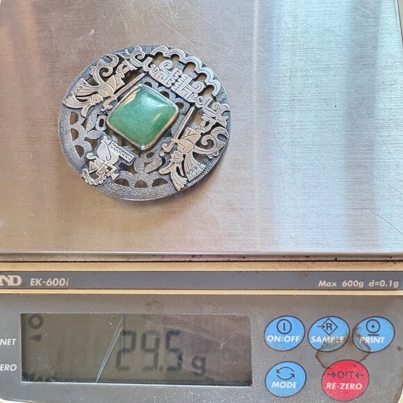 VTG Sterling Silver 925 Green Gemstone Native American Brooch Size 2.5" Length - Picture 9 of 9